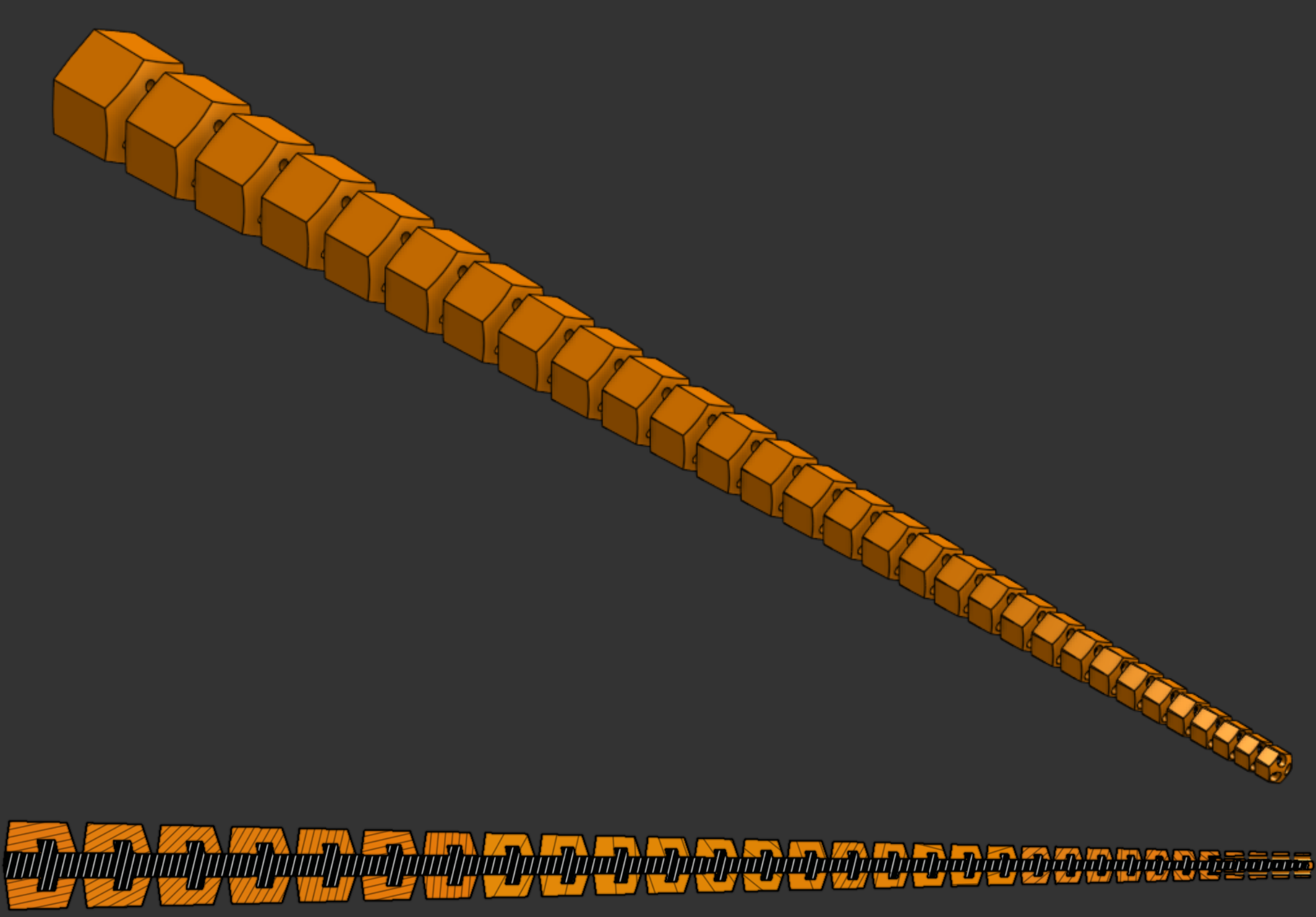 Tentacle model showing tendon holes and cross section